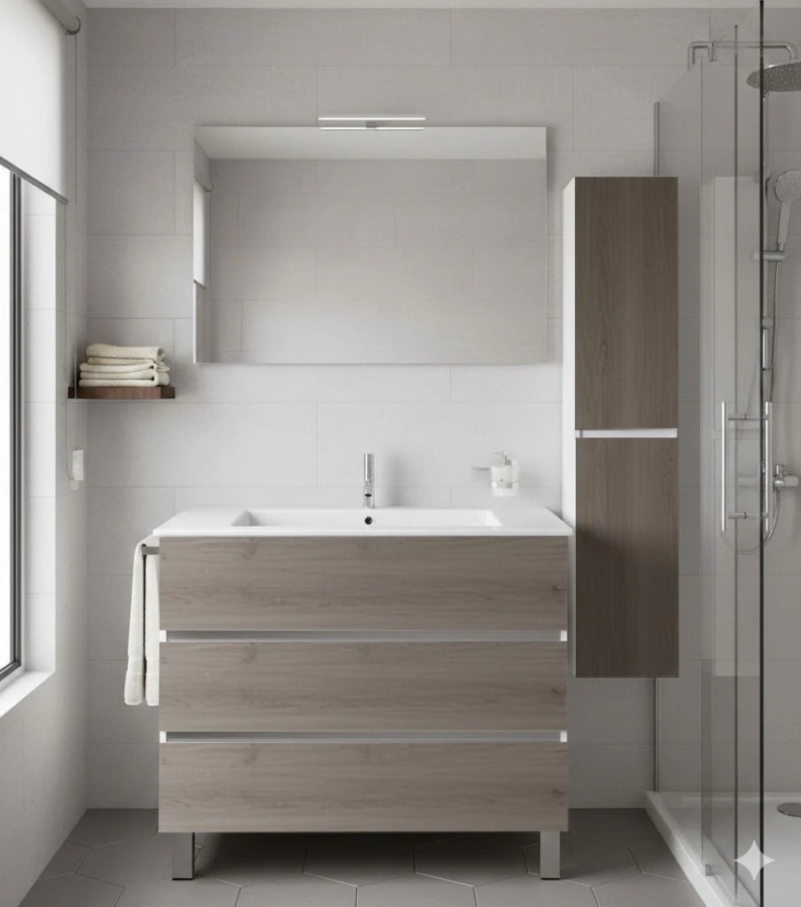 Mobile Bagno BALDER Già Montato 3 cassetti con piedini, lavabo e specchio Combi 80x45 cm con colonna