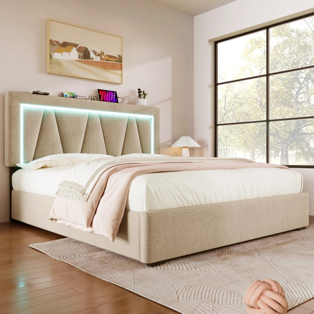 DESMIU Letto contenitore 140 × 200 cm 2 posti con LED, USB e Type-C, con materasso, beige