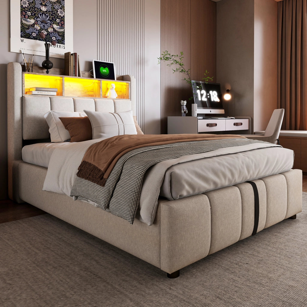 letto imbottito lino beige 90 x 200 cm