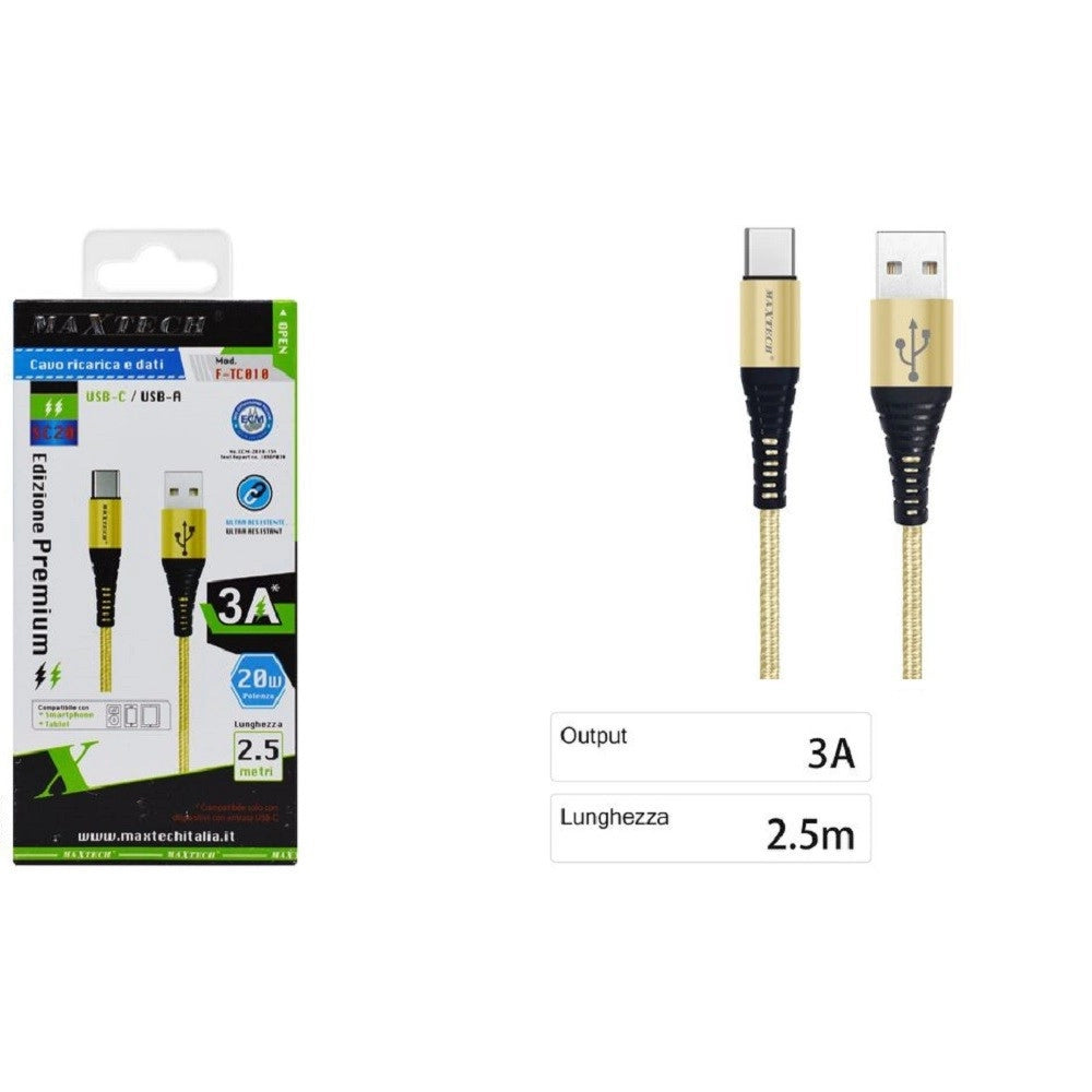 Trade Shop - Cavo Usb Type-c Ricarica Veloce 3a 2.5 Metri Trasferimento Dati Maxtech F-tc010 -