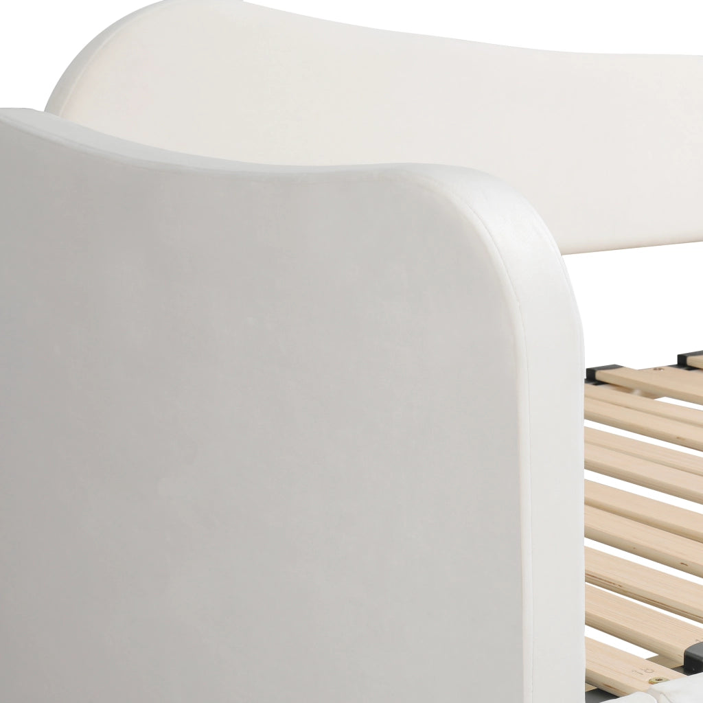 Letto imbottito estraibile 90x200 cm in velluto beige con 2 cassetti, porta USB e USB-C
