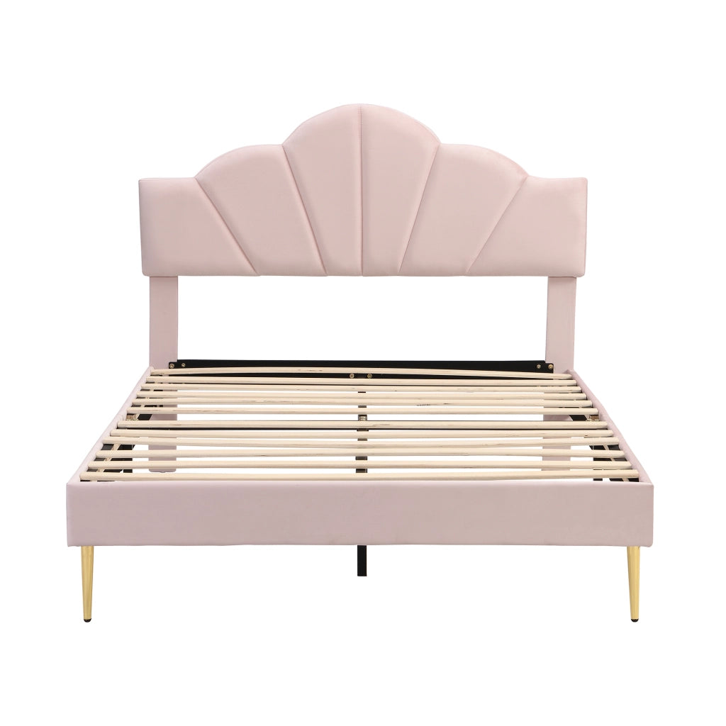 OKWISH Letto Imbottito 140×190 cm, Letto Matrimoniale con Testiera Regolabile e Piedini in Ferro Dorati, senza Materasso, Velluto Rosa