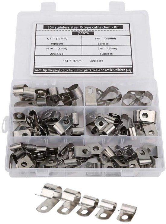 Clip per cavi 80 pezzi - R-Type - Clip per cavo - Adatto per cavi/pipistrelli - Diversi diametri - Per uso interno/esterno - Clip per cavi