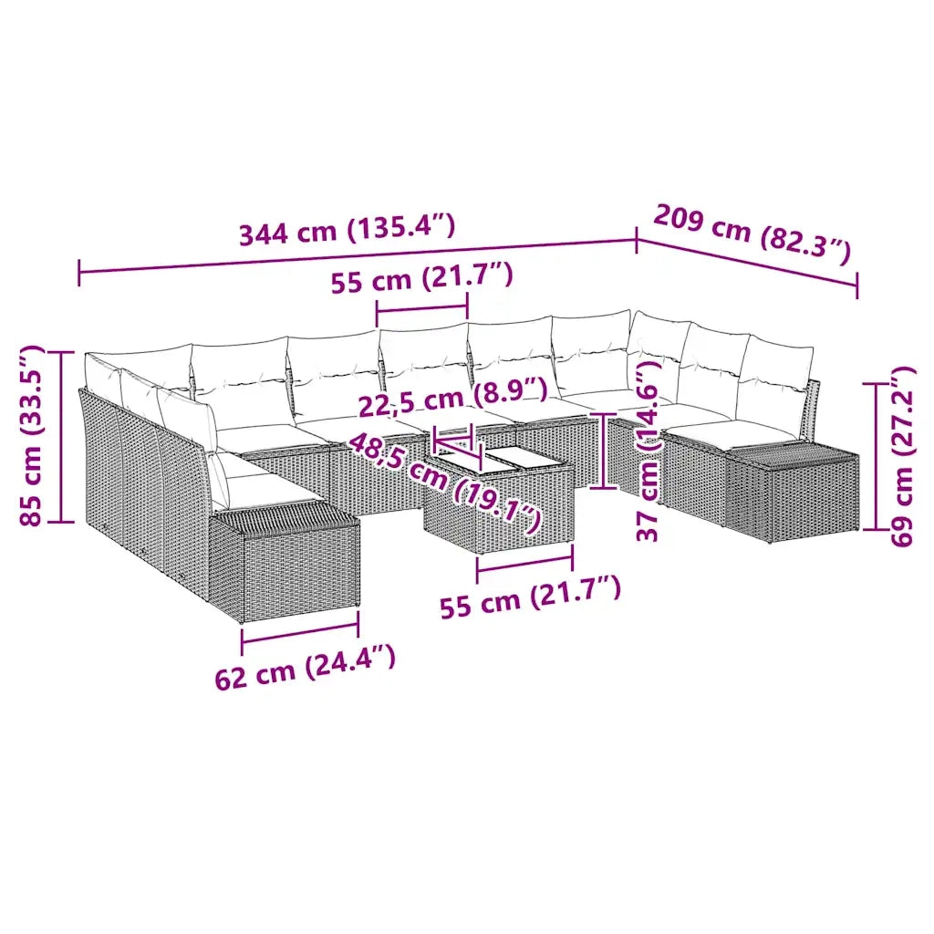 Set Divano da Giardino con cuscino 11 pcs Nero polyrattan 3347247