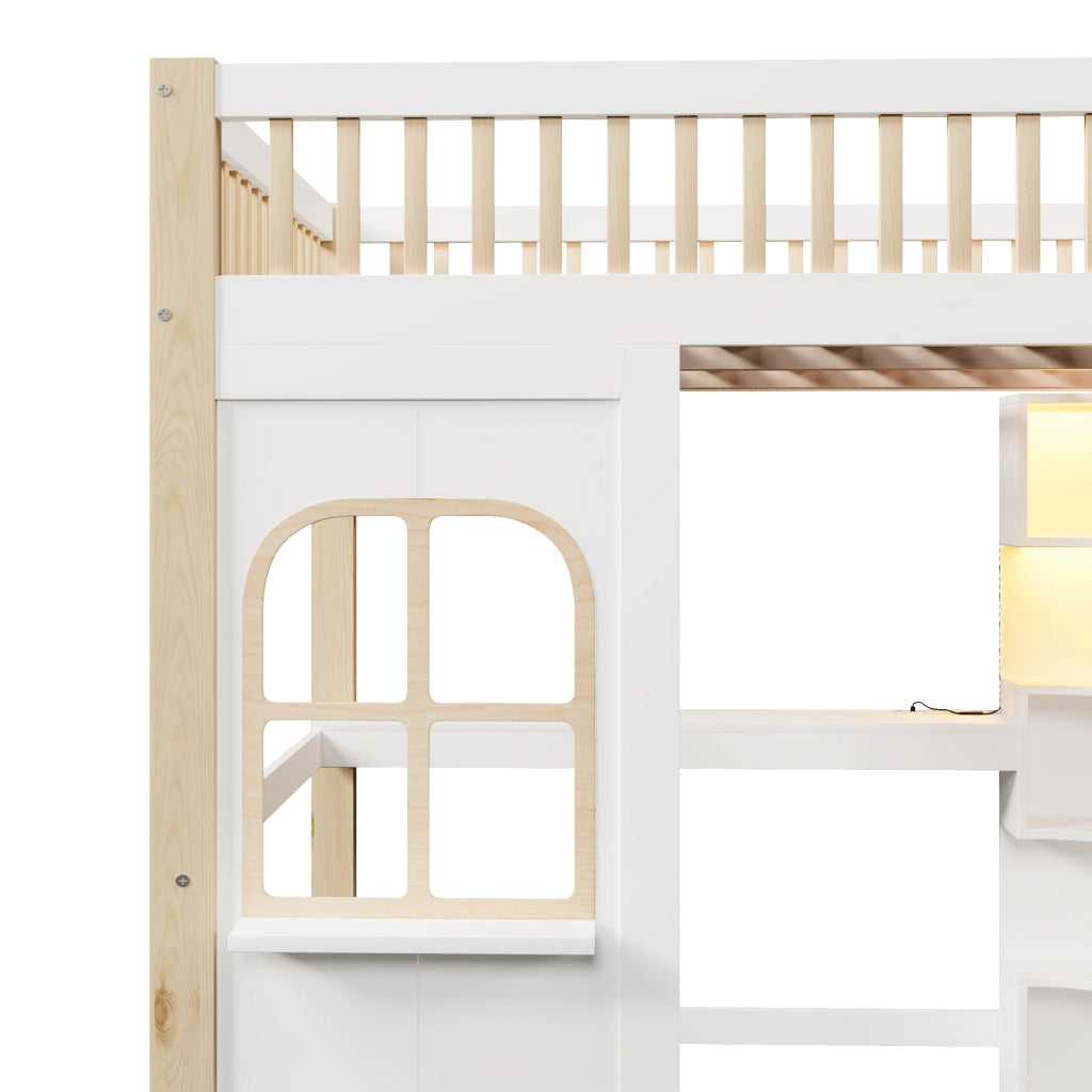 Letto a soppalco 140 × 200 cm con scrivania scala contenitore LED e presa elettrica in legno bianco naturale