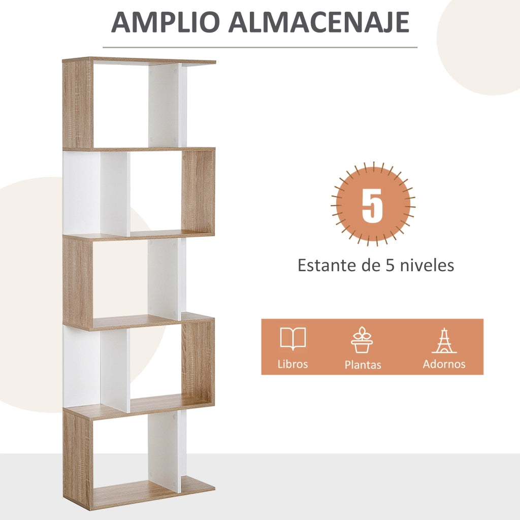 Libreria a S con 5 Ripiani ¨C Minimal ¨C Bianco e Legno 60x24x184,5cm