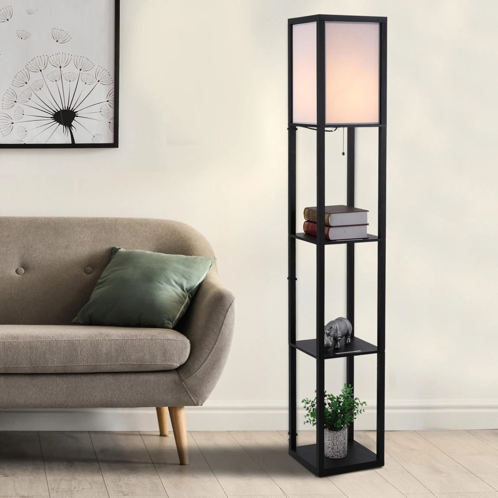 Lampada da Terra con Scaffale ¨C zephmum ¨C Legno, Nero