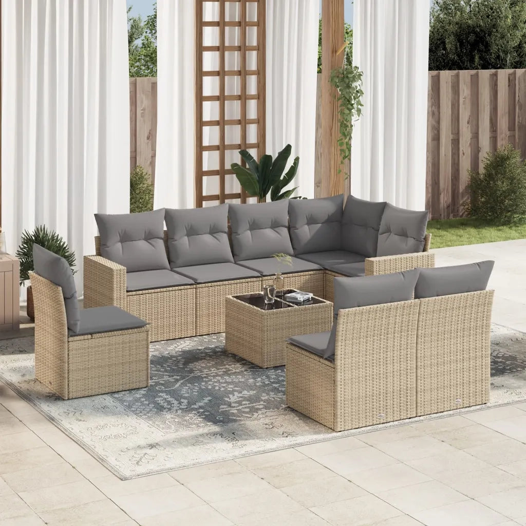 Set Divano da Giardino 9 pz con Cuscini Beige in Polyrattan