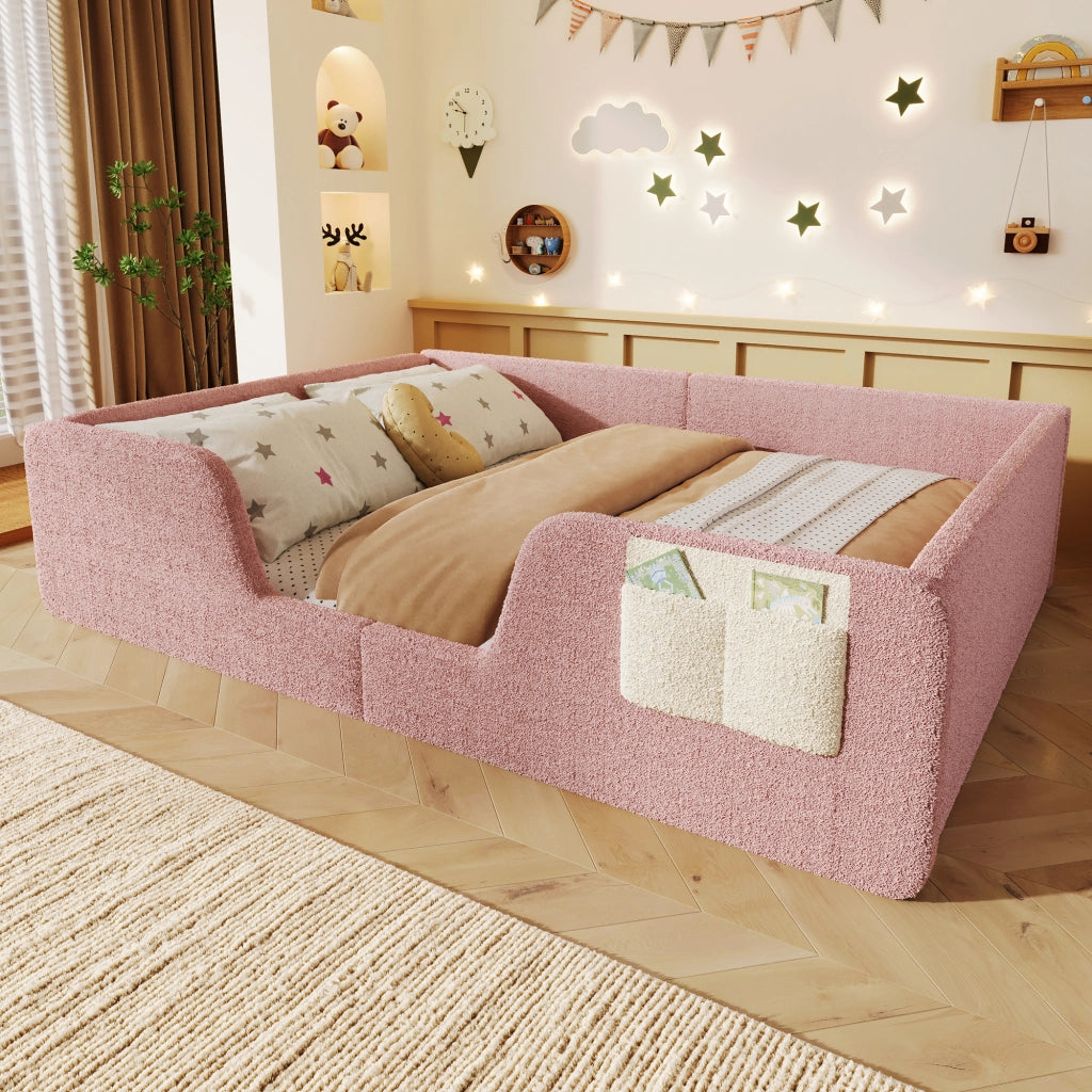 Letto con testata imbottita funzione sicurezza velluto rosa 140x190 cm