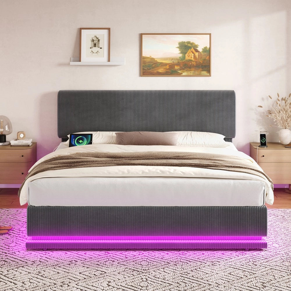 Letto Imbottito Contenitore con LED e Testiera Regolabile ¨C MINIMAL ¨C Velluto Grigio 180x200