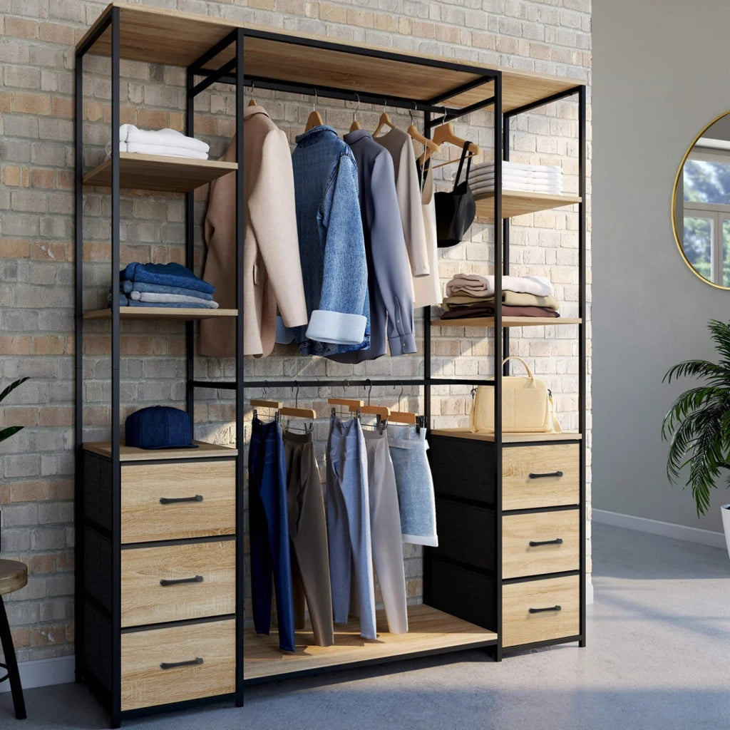 IDMarket - Armadio doppio UTAH + colonna doppia L. 140 cm con 6 ripiani e 6 cestini in legno e tessuto nero