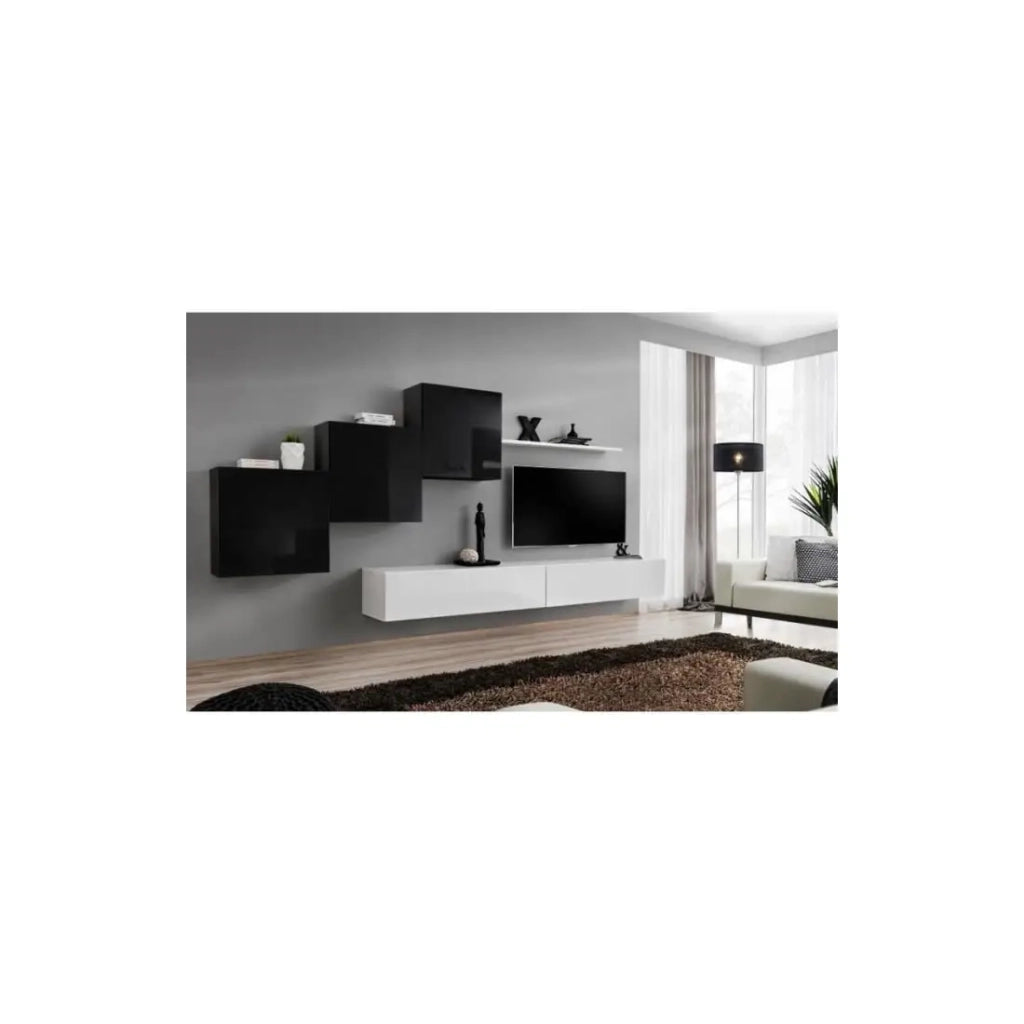 Mobile da salotto murale SWITCH X design, colori bianco e nero lucido.