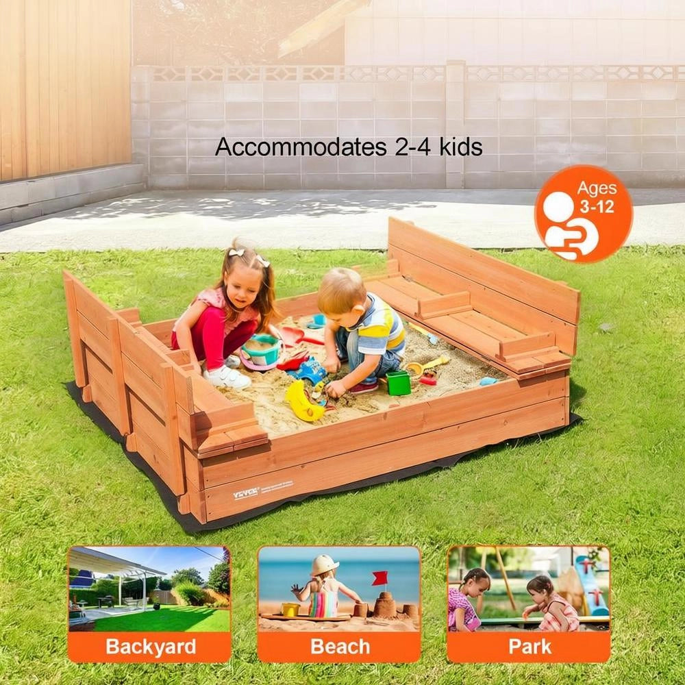 Sabbiera Legno 1330x1200x430mm Panche Pieghevoli Fondo Legno Naturale Cortile Spiaggia 3-12 Anni