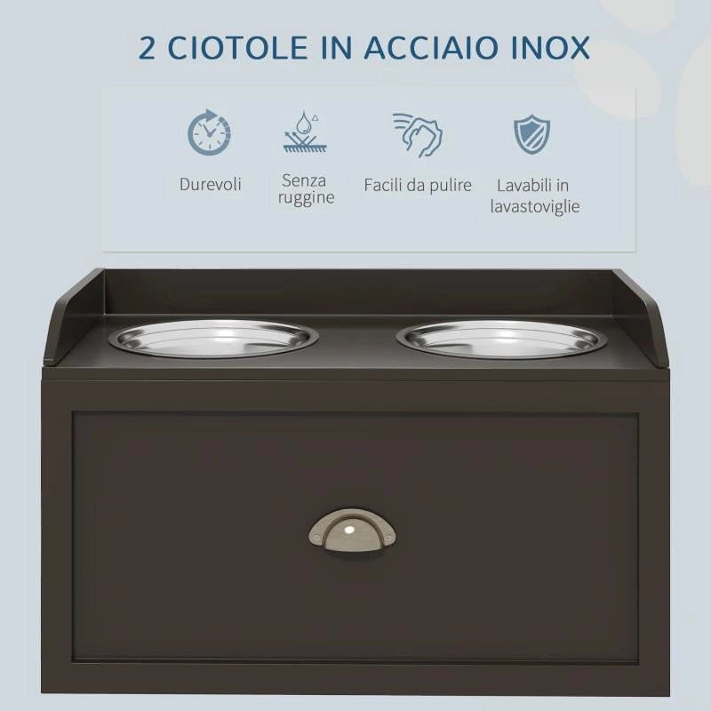 CIOTOLE PER CANI RIALZATE IN ACCIAIO INOX E LEGNO CON CASSETTO, 60X30X36CM, MARRONE