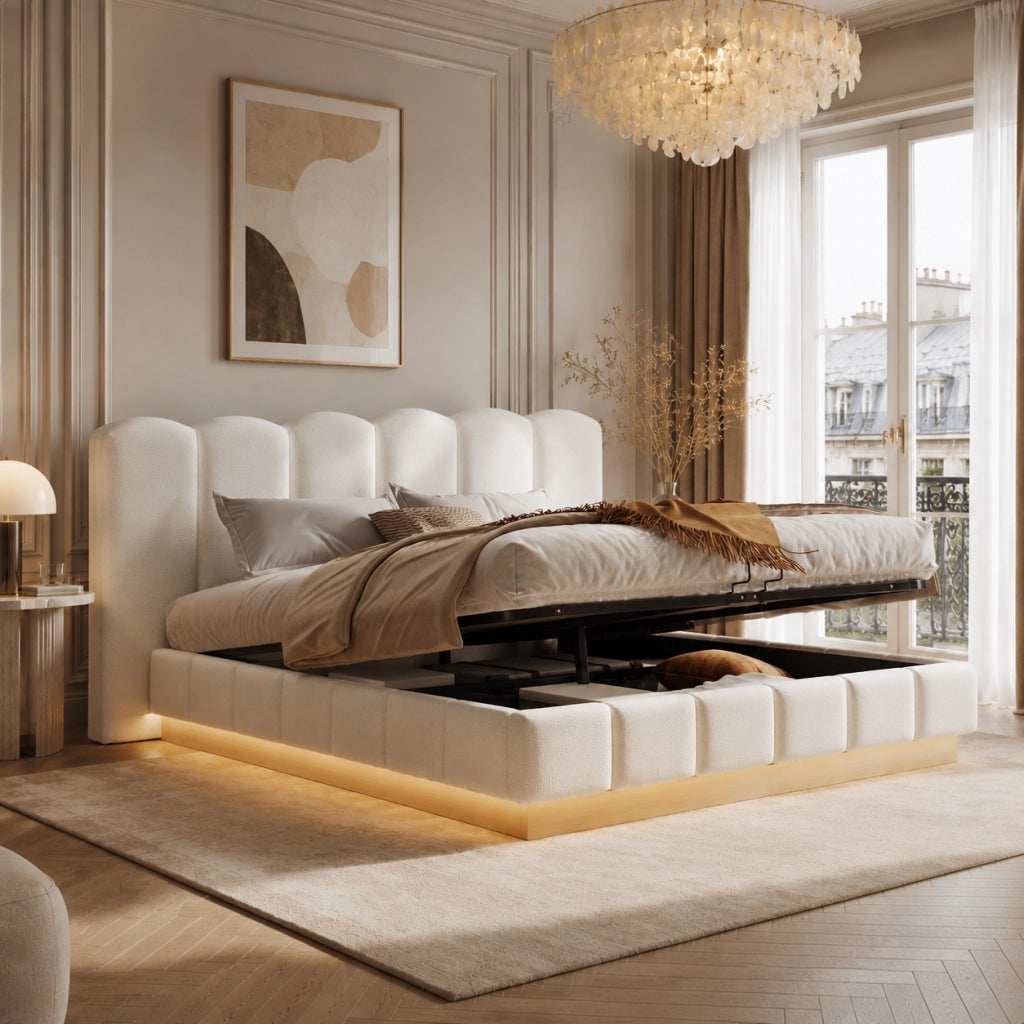 LETTO Contenitore 180x200 cm Bouclé Bianco con rete a doghe e LED