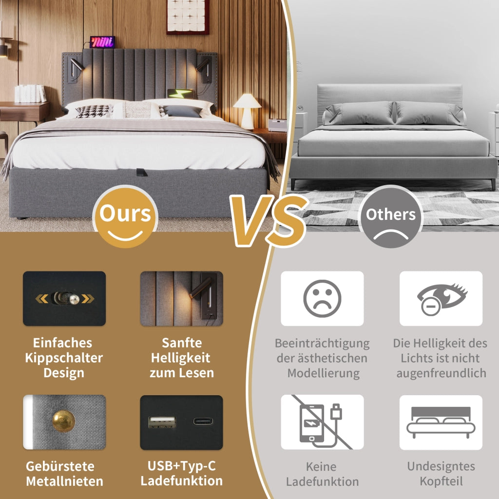 LETTO Contenitore 180x200 cm Grigio in Cotone con luce lettura e USB