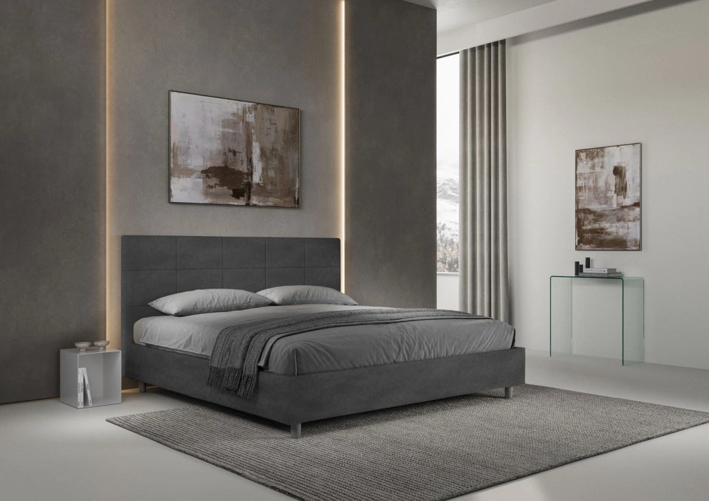 BS COM Letto matrimoniale king size contenitore imbottito 190x190 microfibra grigio