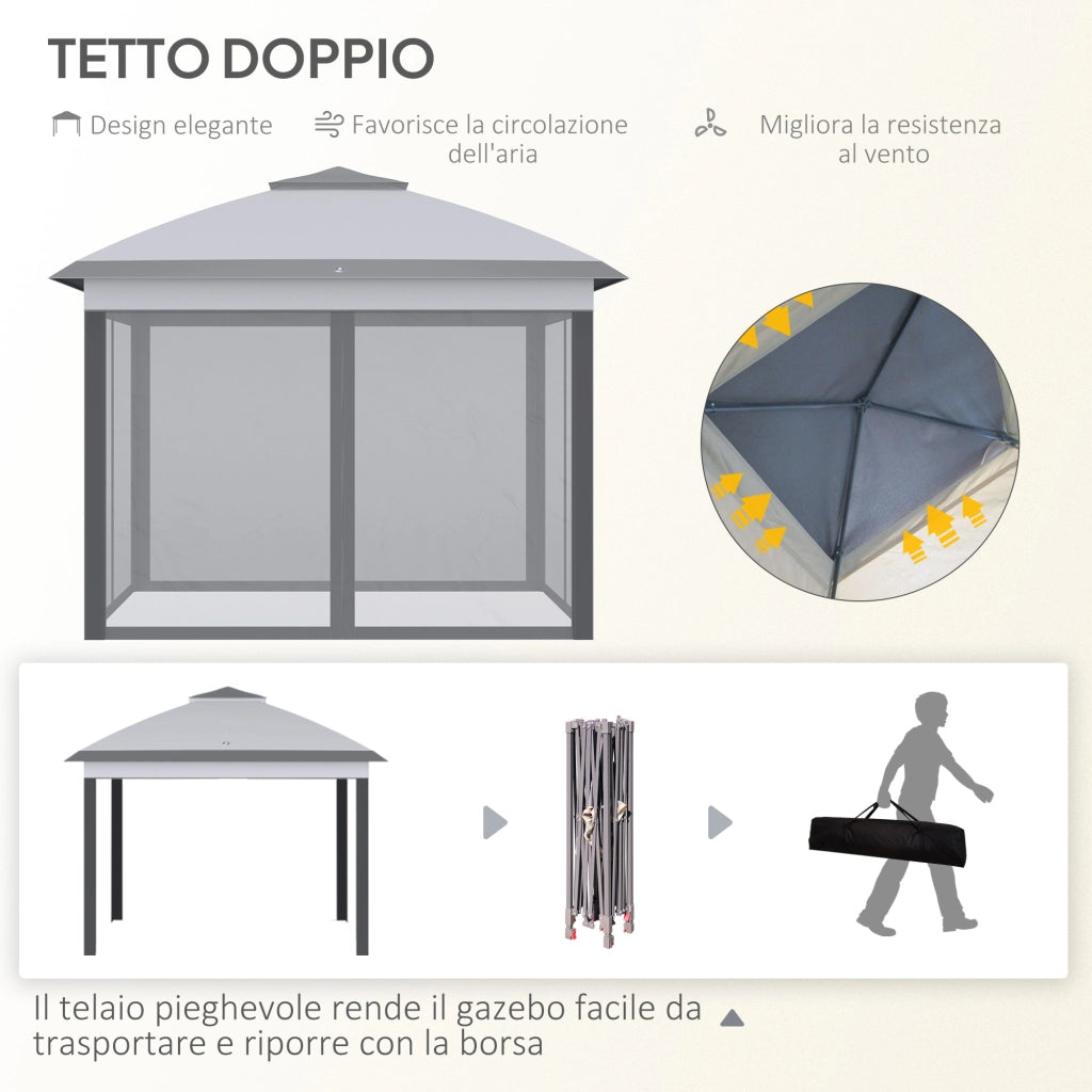 Gazebo Pieghevole Esterno con Zanzariere ¨C Xylo ¨C Grigio 3.3x3.3x2.8m