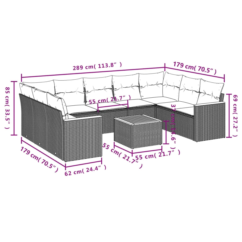 Set Divani da Giardino 10pz con Cuscini in Polyrattan Nero 3258682