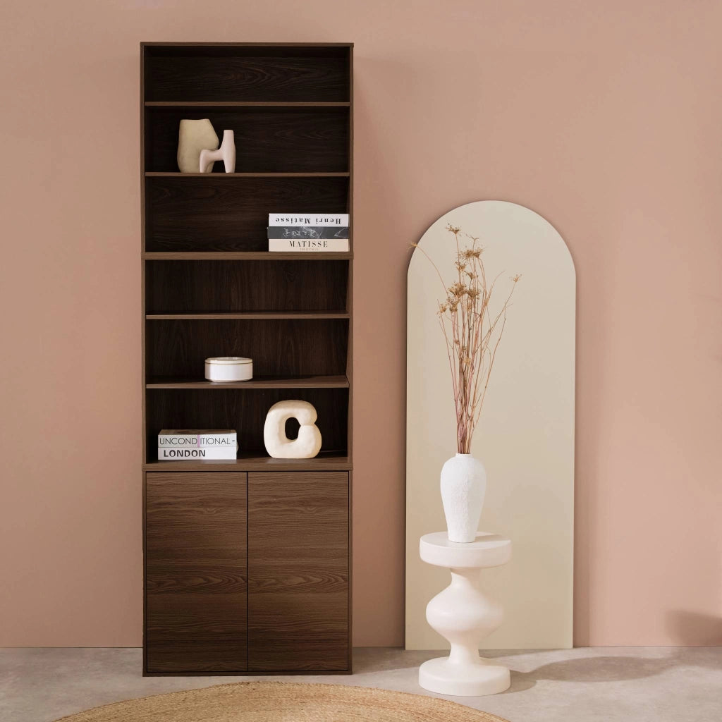 Libreria modulare con 2 ante e 5 livelli, noce