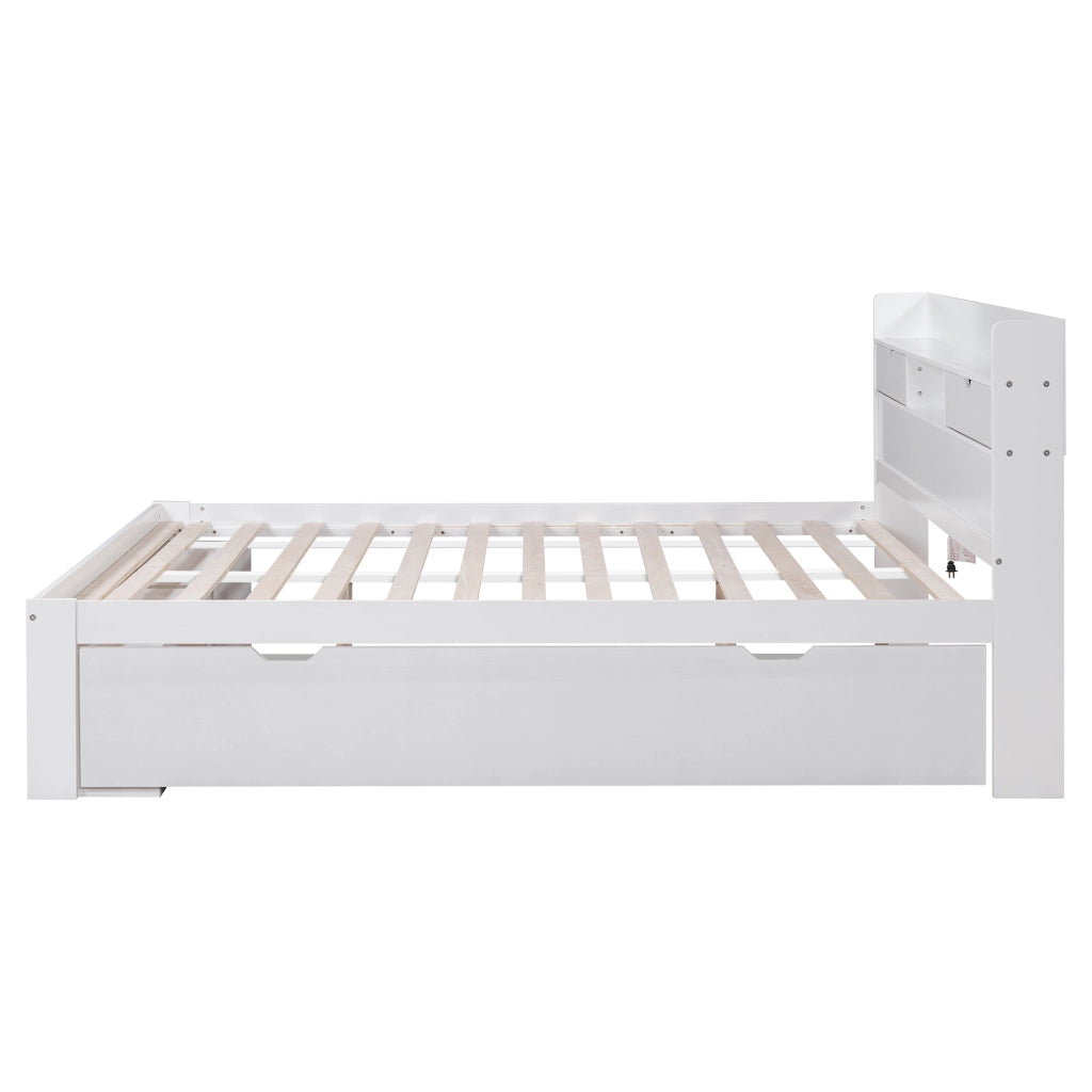 Letto doppio - Zephmum - 140x190cm - Bianco - USB, cassetti, armadio
