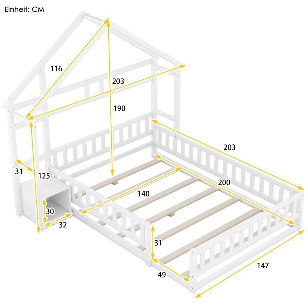 Letto per bambini a forma di casa 140x200 cm con sponda e comodino, bianco