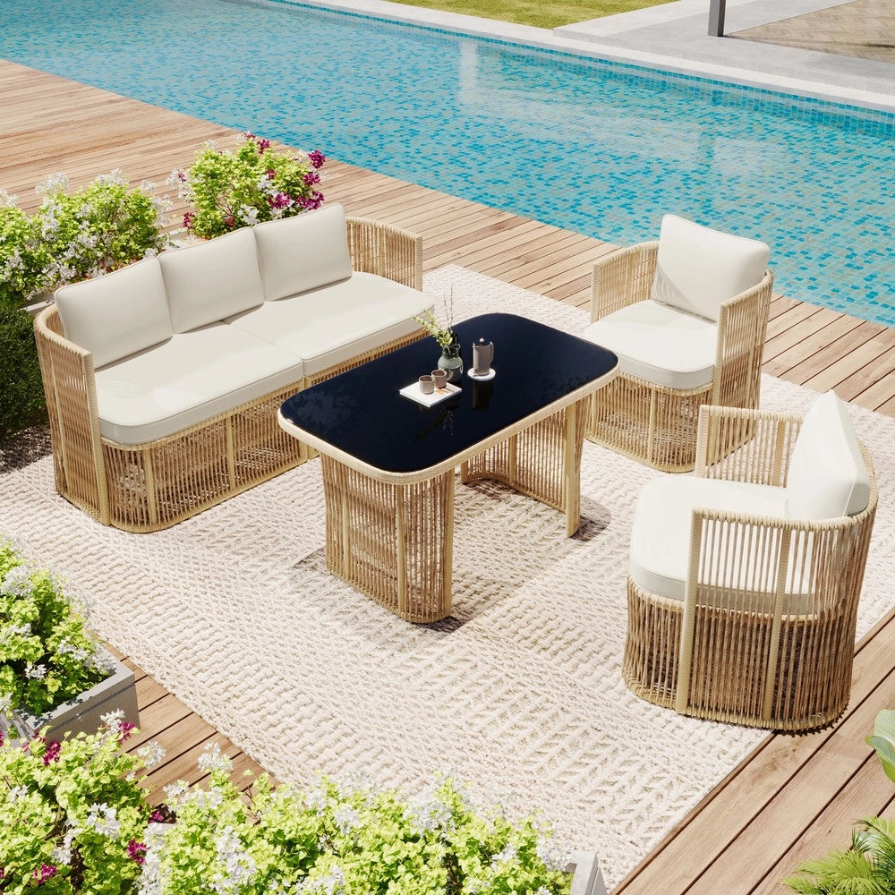 Set giardino 4 pezzi in rattan PE - Zephmum- Divano 3 posti, 2 poltrone, tavolo in vetro temperato