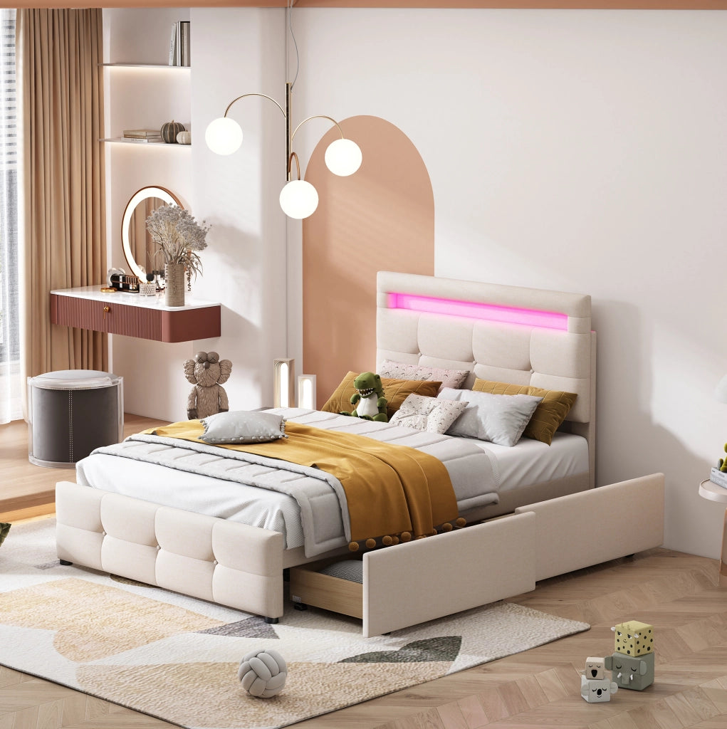 Letto imbottito con LED e 2 cassetti, 90x200 cm, beige