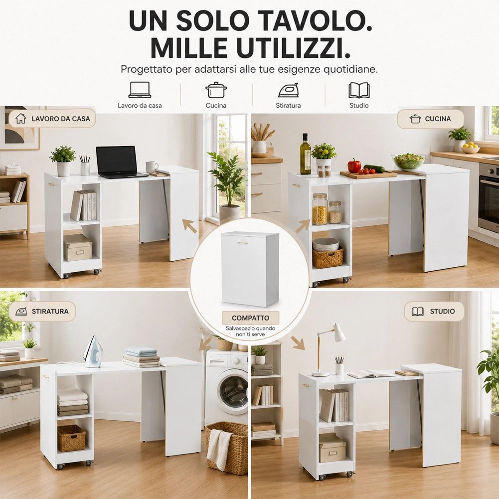 Mobile con Tavolo Scrivania a Scomparsa Richiudibile Salvaspazio in Truciolare Bianco