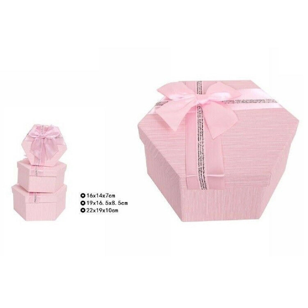 Trade Shop - Set 3 Pezzi Scatole Box Per Regali Varie Misure Esagonali Rosa Con Fiocco 69351 -