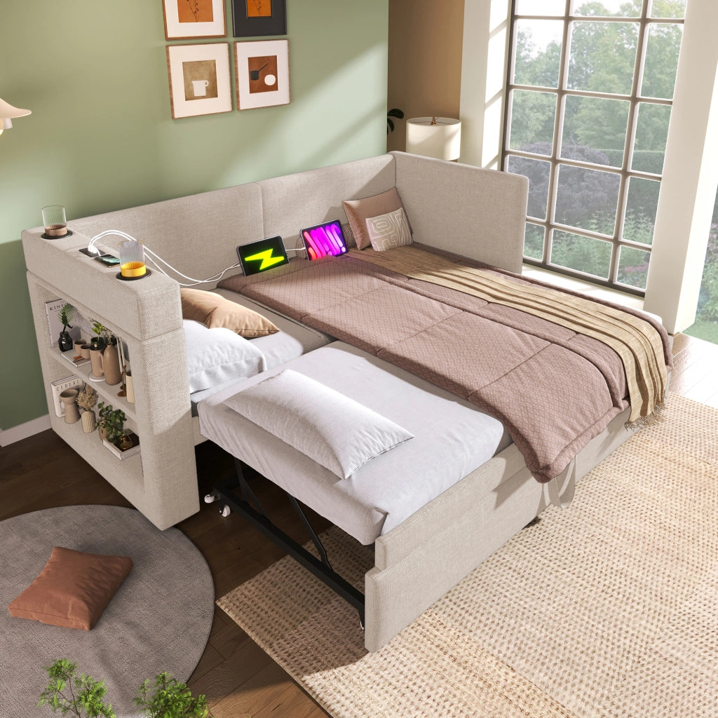 LETTO Divano 90x200 cm estraibile Beige in cotone e lino con USB e portabicchieri