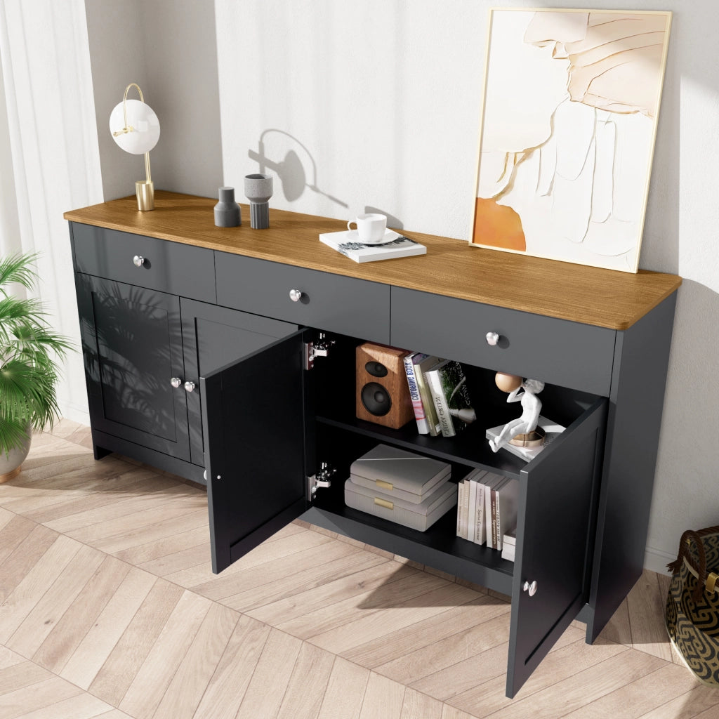 Sideboard in legno venato grigio e nero - Zephmum- 4 ante 3 cassetti