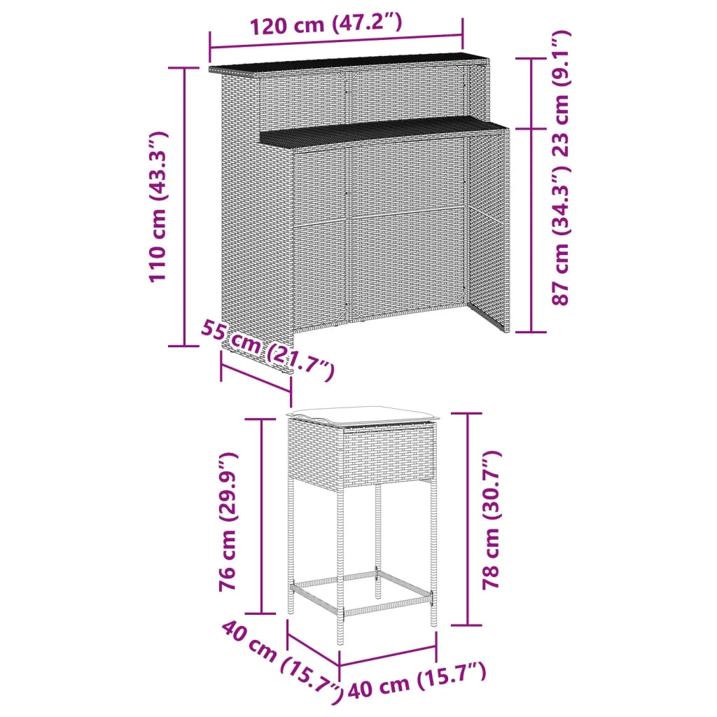 Set Bar da Giardino 5 pz con Cuscini in Polyrattan Marrone 3261485