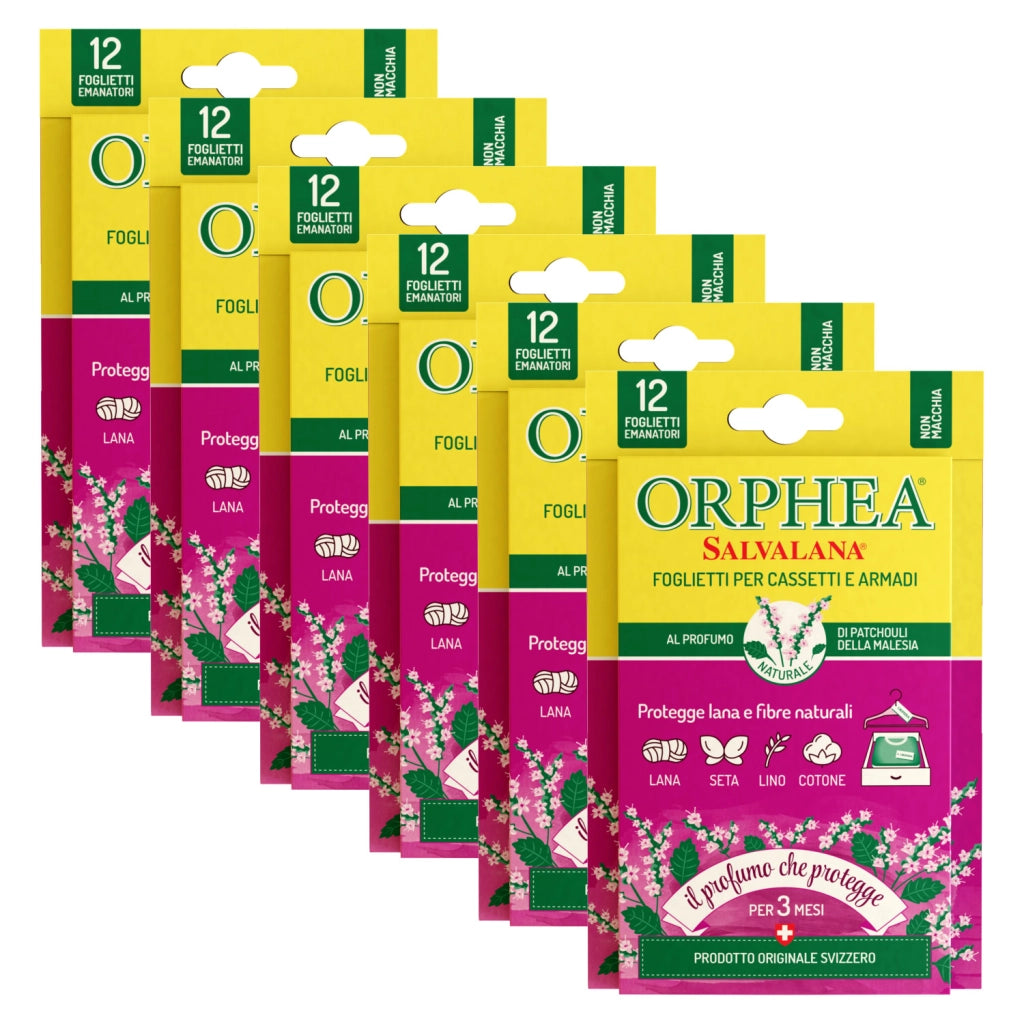 Orphea Salvalana Foglietti Cassetti e Armadi, Agisce per 12 Settimane, 6 x 12 Foglietti, Patchouli della Malesia