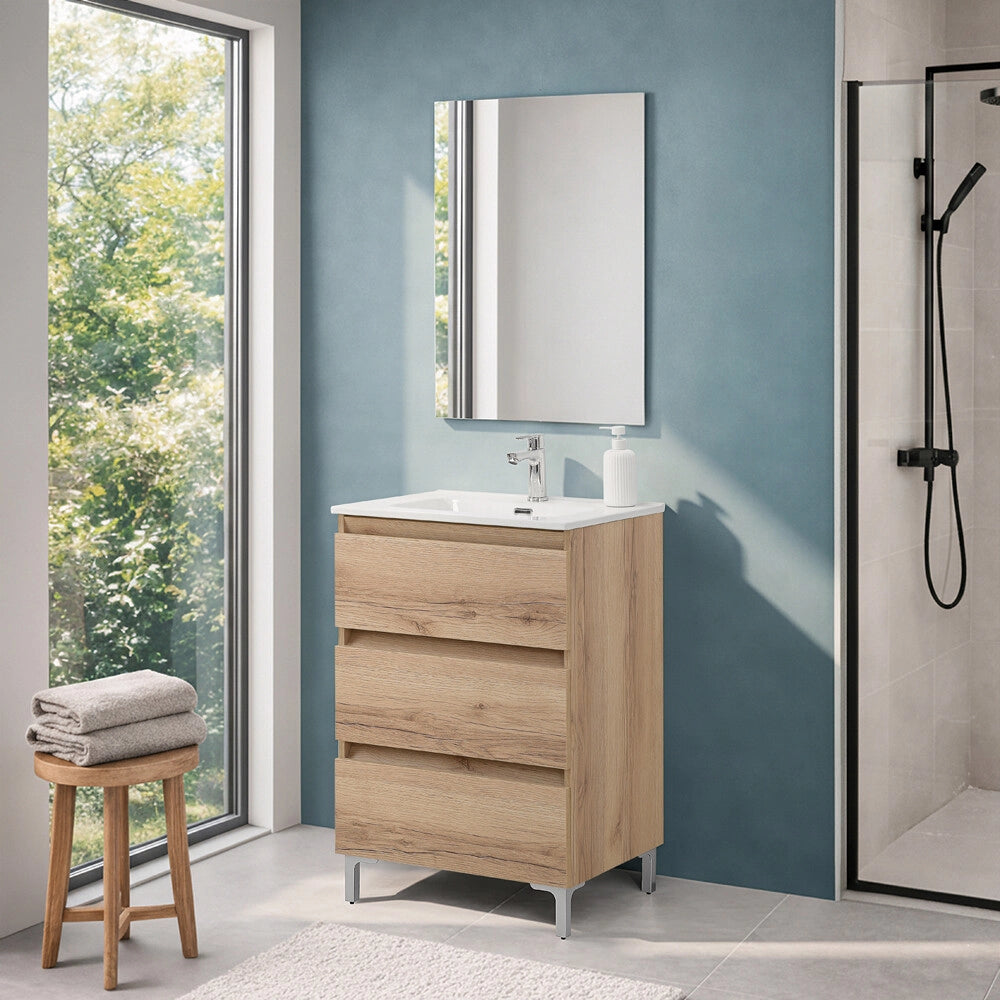 Mobile bagno a terra 60 cm in quercia naturale con lavabo e specchio Leda