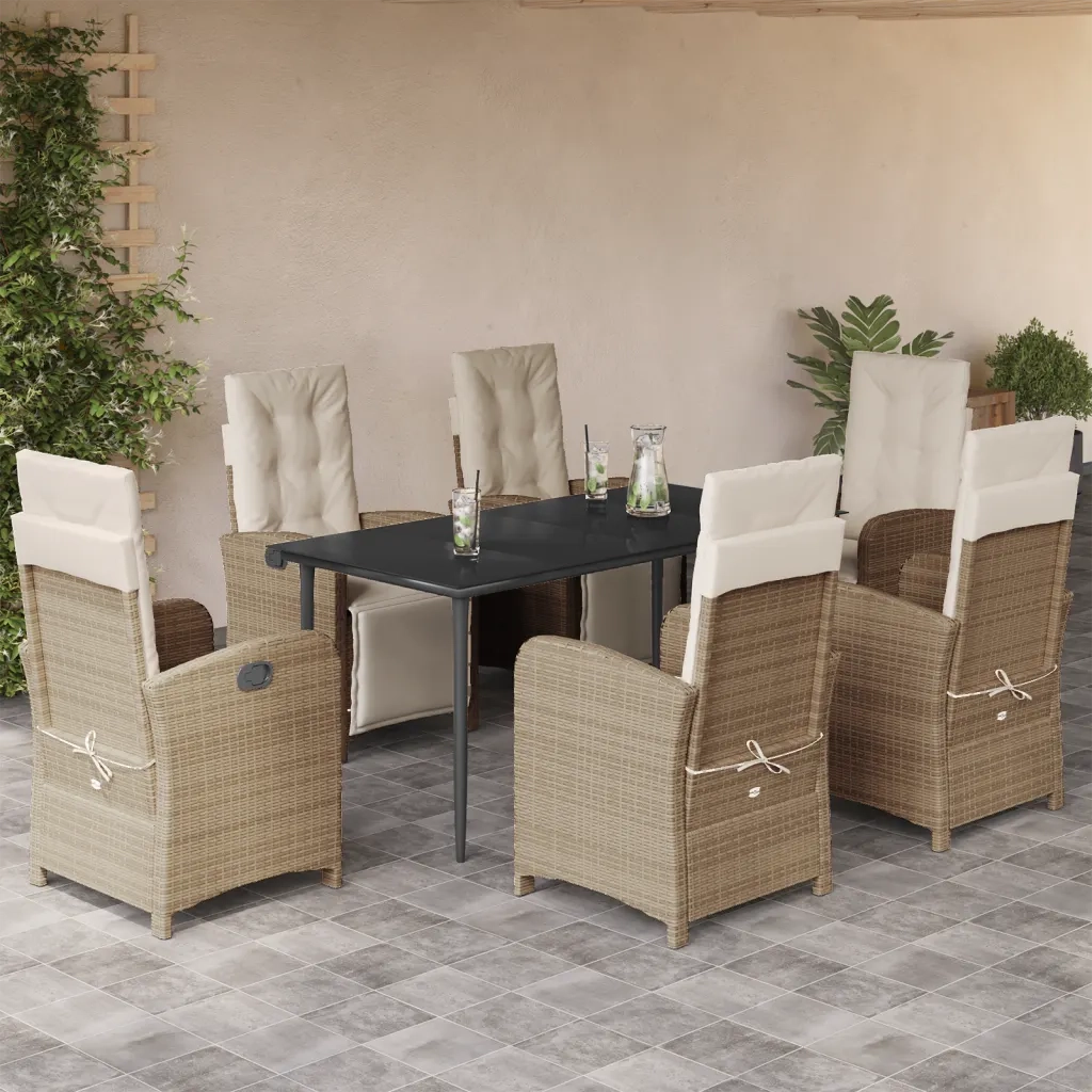 Set da Pranzo da Giardino 7 pz con Cuscini Beige in Polyrattan