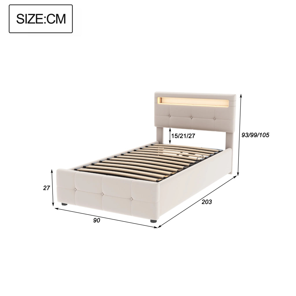 Letto imbottito 90x200 cm con LED e contenitore idraulico
