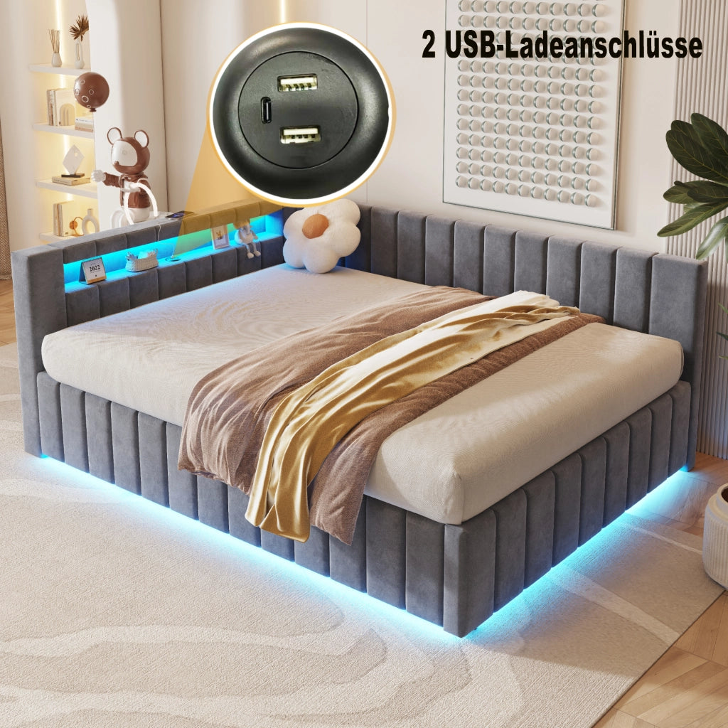 LETTO Contenitore 140x200 cm in velluto grigio con LED e USB