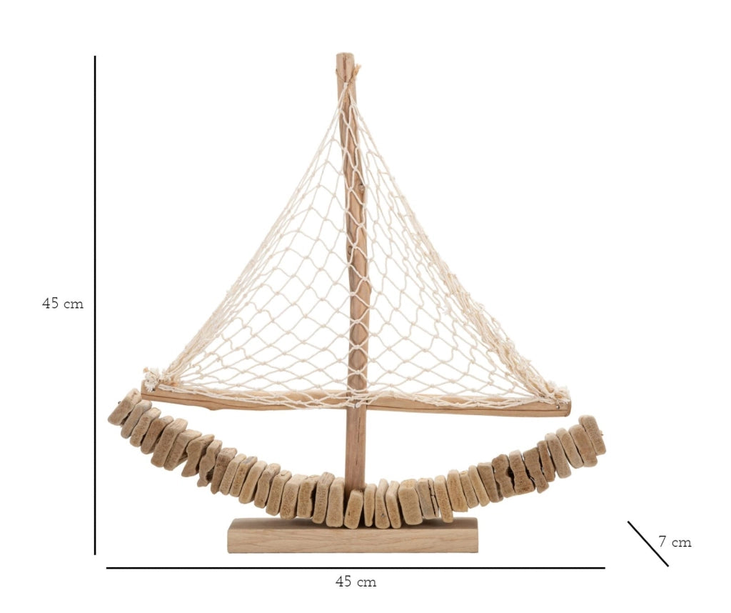 Scultura Barca a Vela in Legno con Rete in Tessuto 45x45 cm - BOAT
