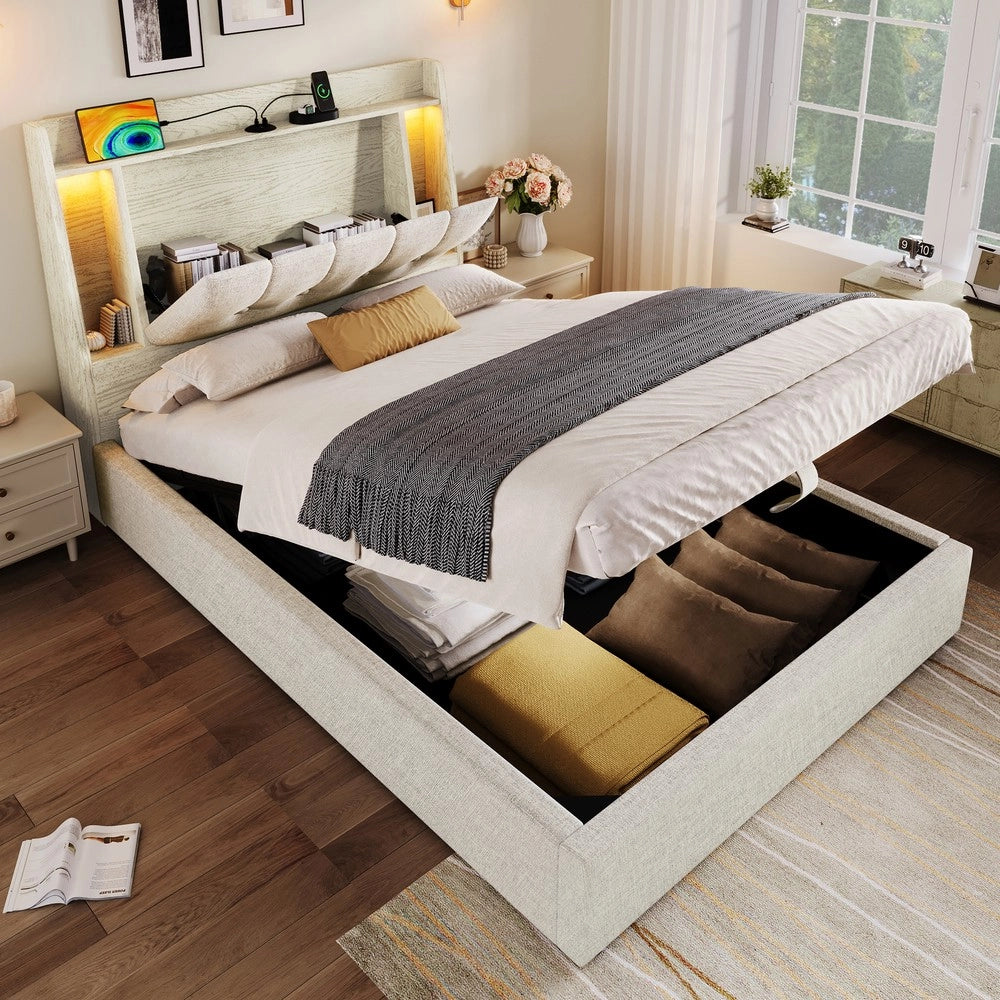 Letto Imbottito con LED e Contenitore ¨C MINIMAL ¨C Lino Beige 90x200