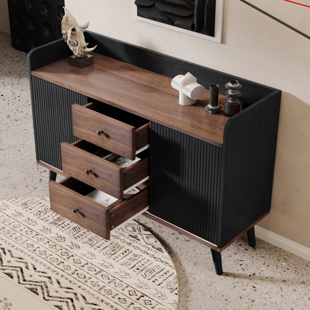 OKWISH Credenza con 2 Ante Scorrevoli e 3 Cassetti, Ripiani Regolabili, per Soggiorno o Ingresso, Nero 117,5×40×80 cm