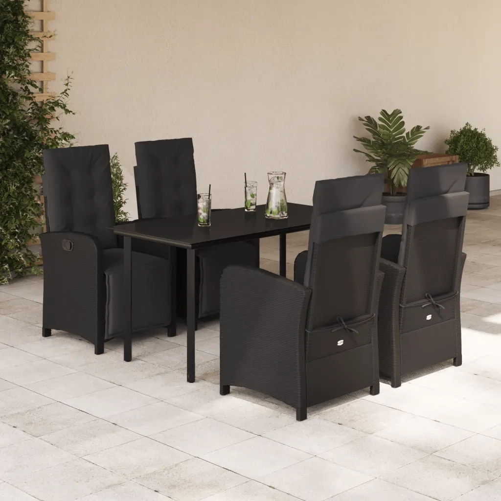 Set da Pranzo da Giardino 5 pz Nero con Cuscini in Polyrattan