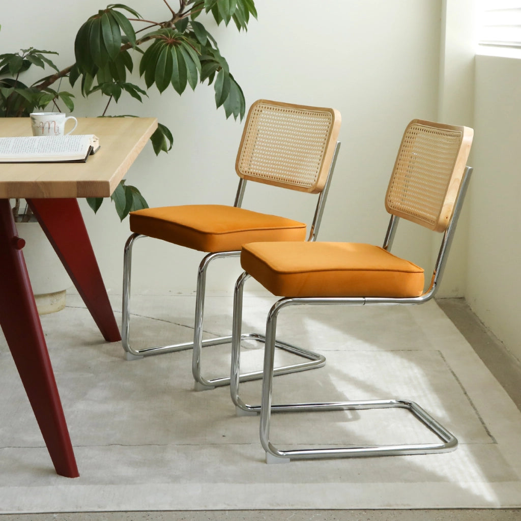 Sedie da Pranzo Set 2 Pezzi ¨C MINIMAL ¨C Velluto Rattan, Gambe Cromate, Design Moderno