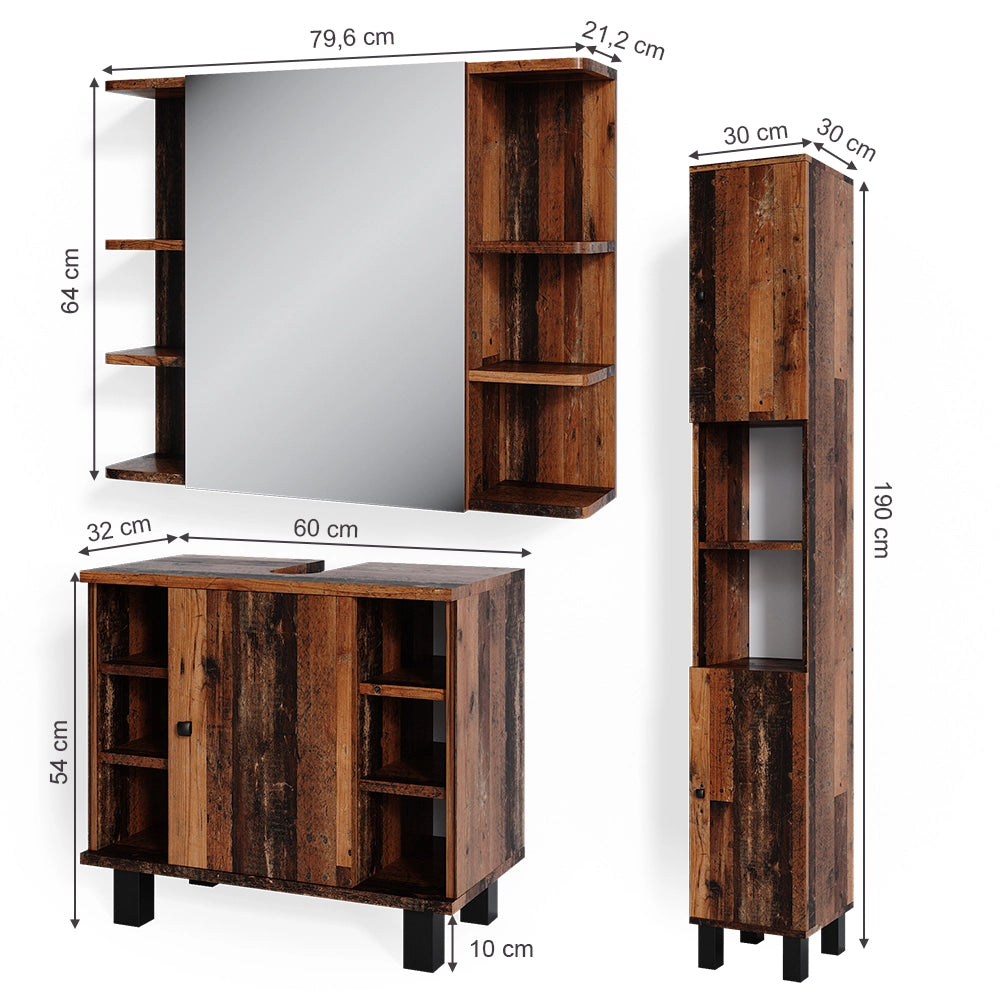 Vicco Set mobili bagno Rovere rustico 3 parti, con colonna