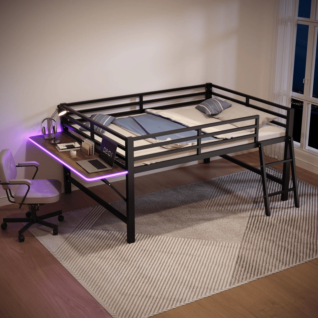 LETTO in metallo 140x200 cm nero con scala, scrivania e LED