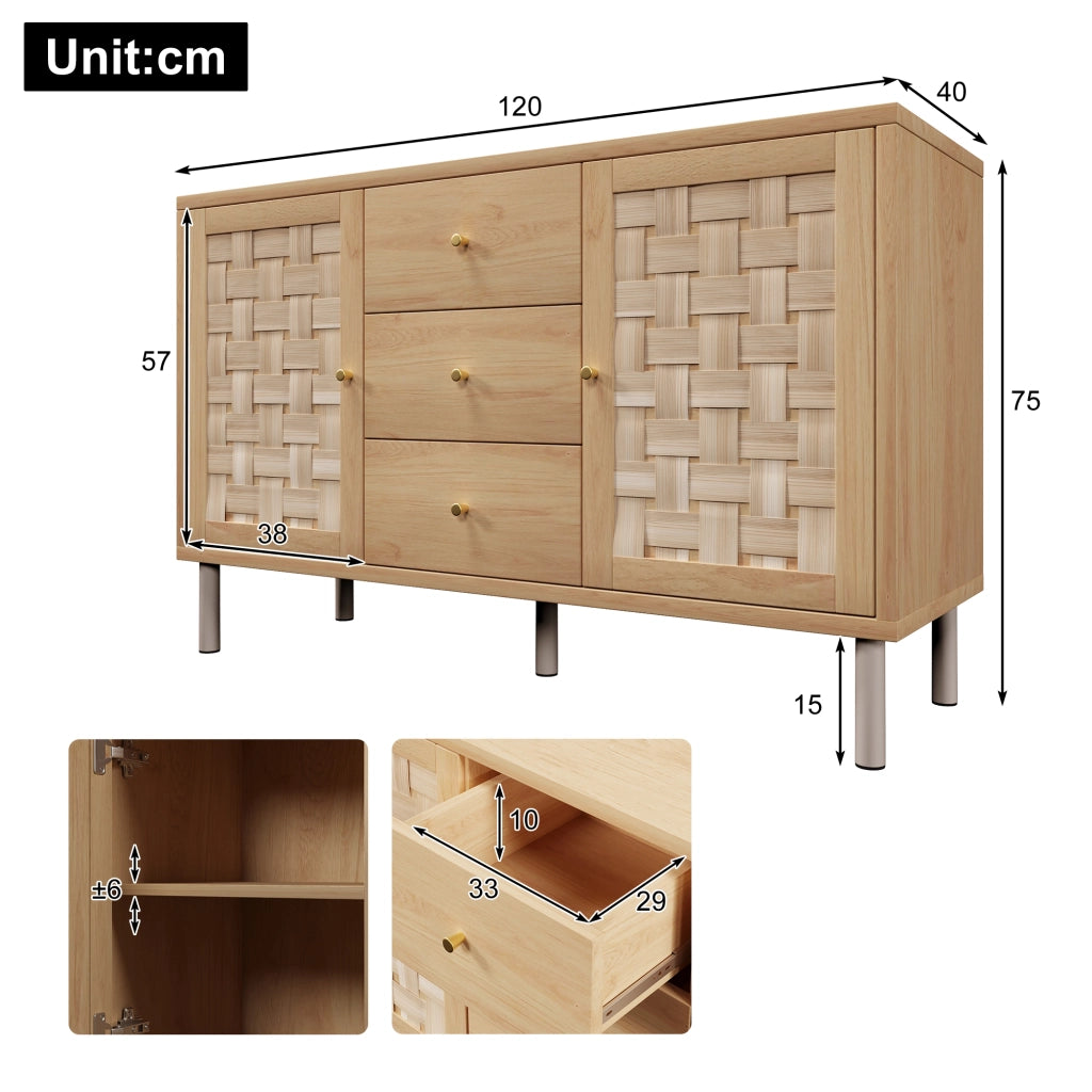 COMODA 120x40x75 cm Eiche con 2 ante e 3 cassetti, piedi in metallo
