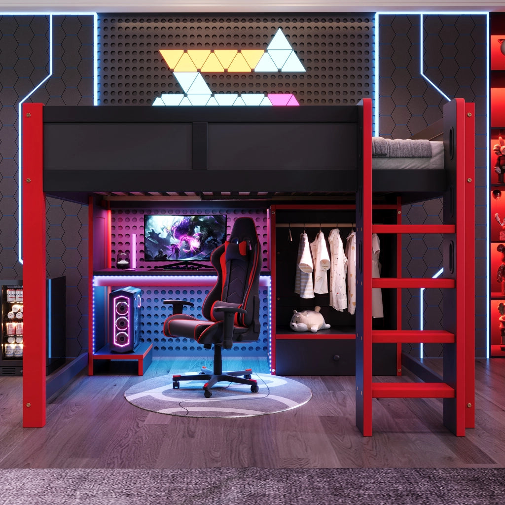 LETTO A CASTELLO gaming 140x200 cm nero e rosso con scrivania, armadio e ripiani