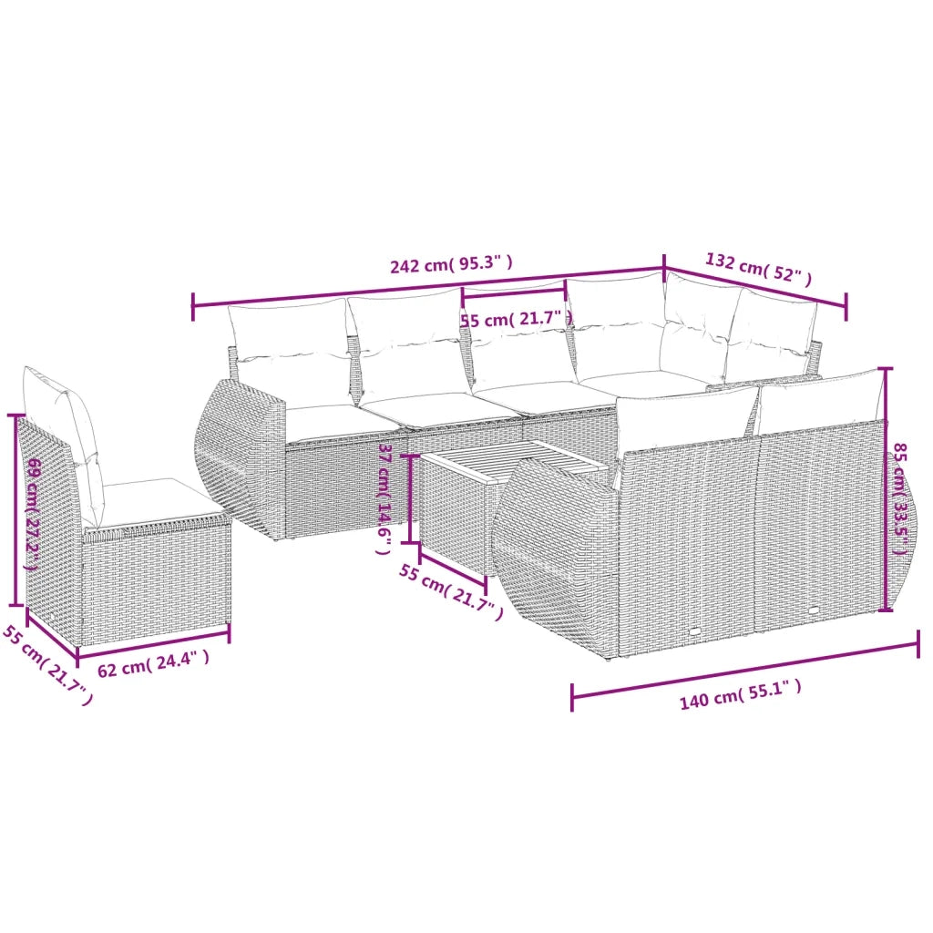 Set Divani da Giardino 9 pz con Cuscini Nero in Polyrattan 3225097