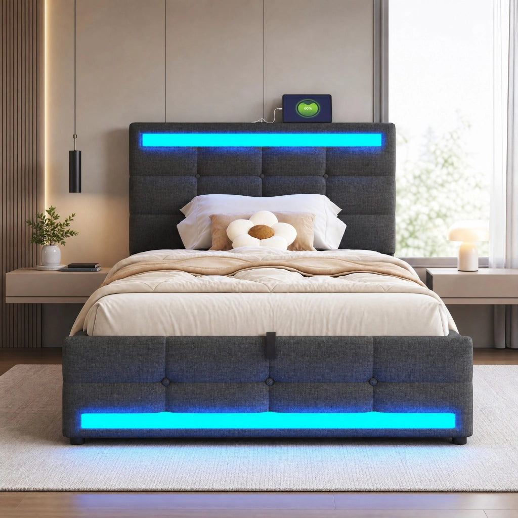 LETTO Imbottito 90x200 cm Grigio con LED RGB e porte USB