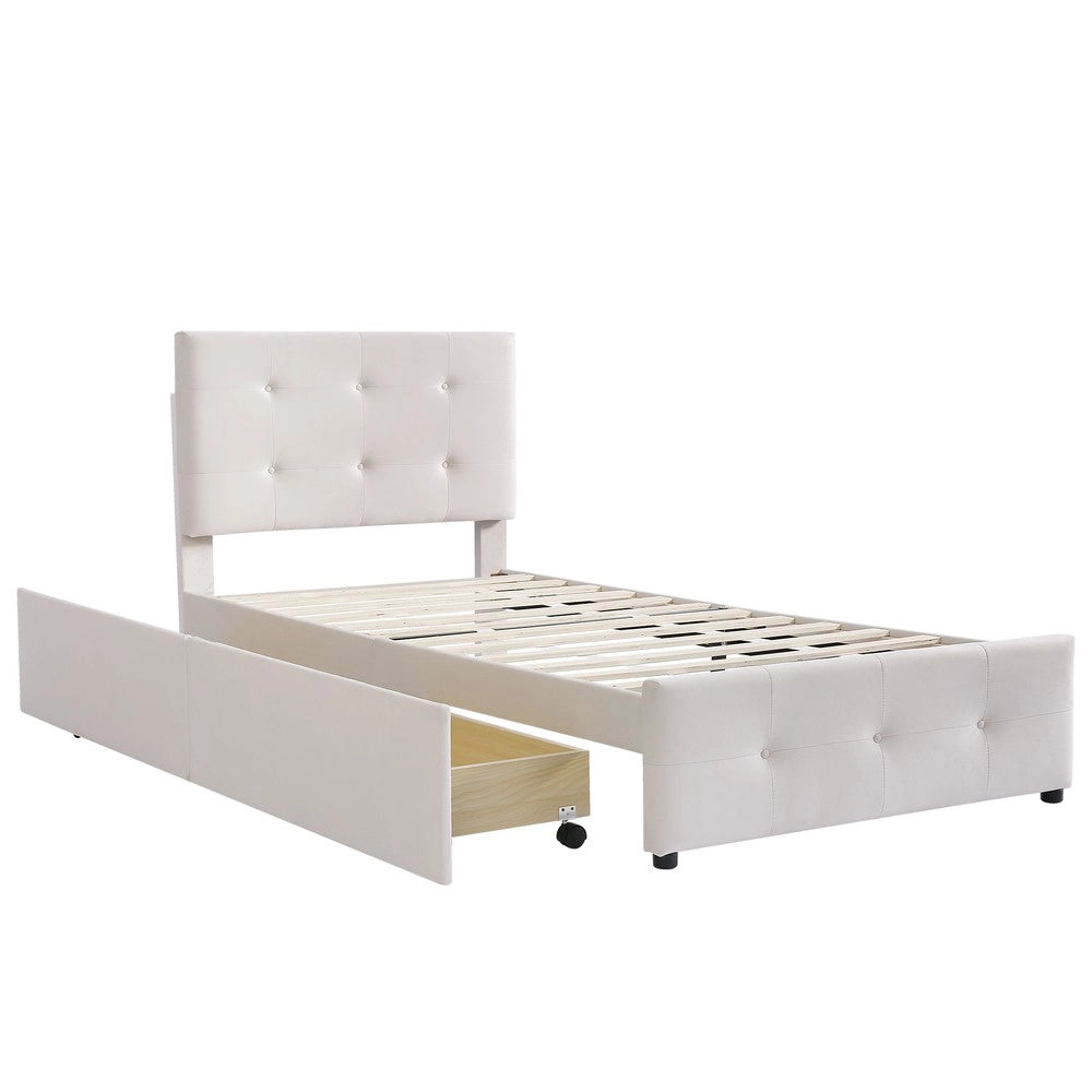 Letto Singolo Imbottito con Cassetti e Rete ¨C MINIMAL ¨C Velluto Beige 90x200